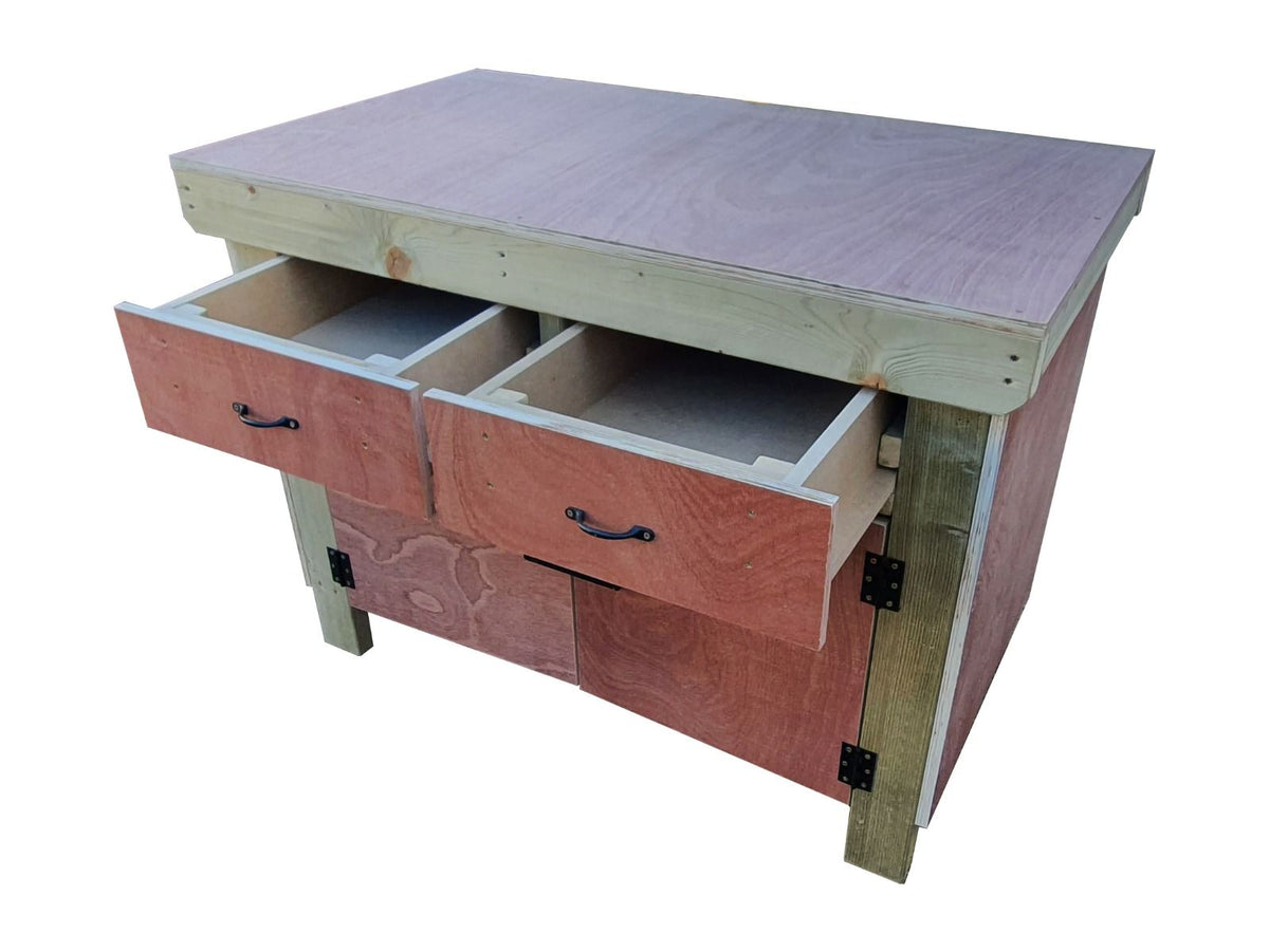 Wooden Eucalyptus hardwood top storage workbench with lockable cupboard and drawers (V.4) - SGP Garden Ltd