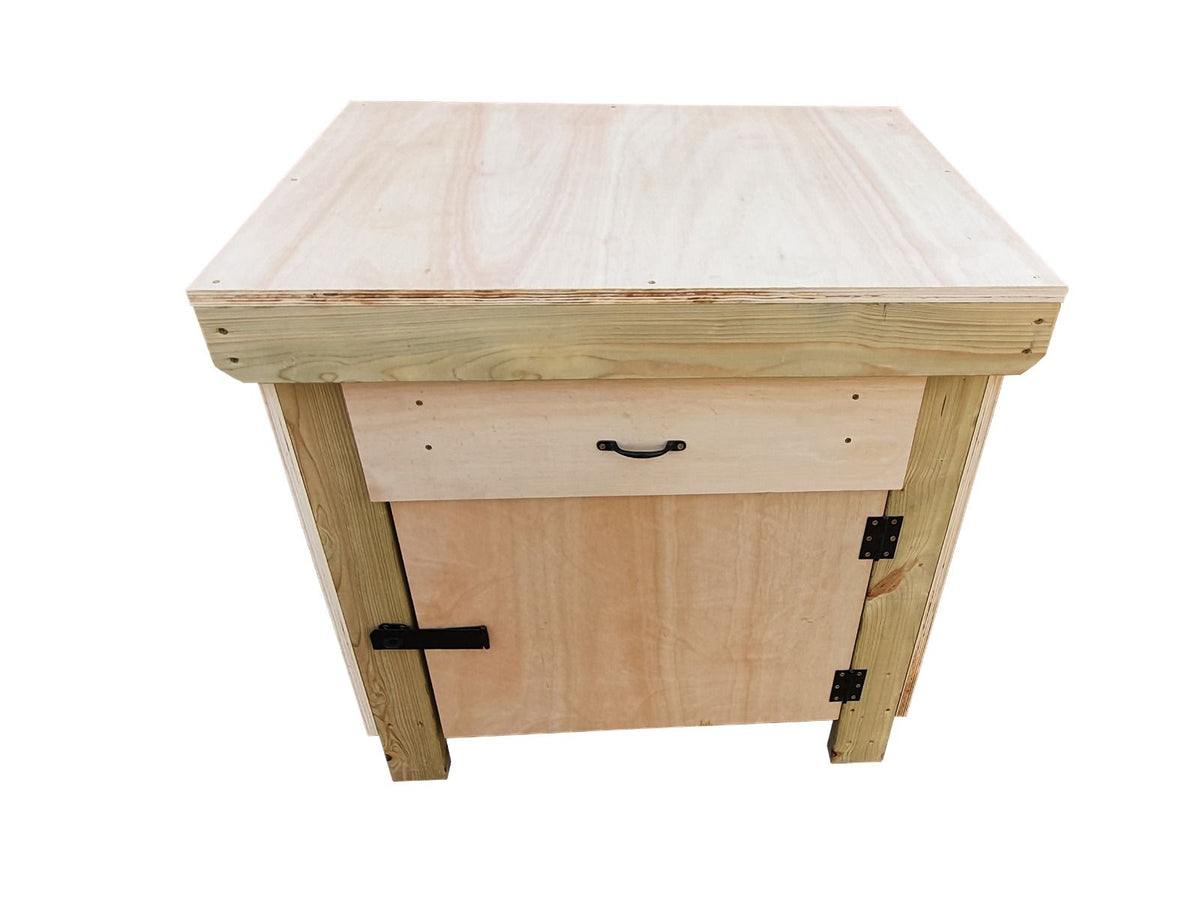 Wooden Eucalyptus hardwood top storage workbench with lockable cupboard and drawers (V.4) - SGP Garden Ltd