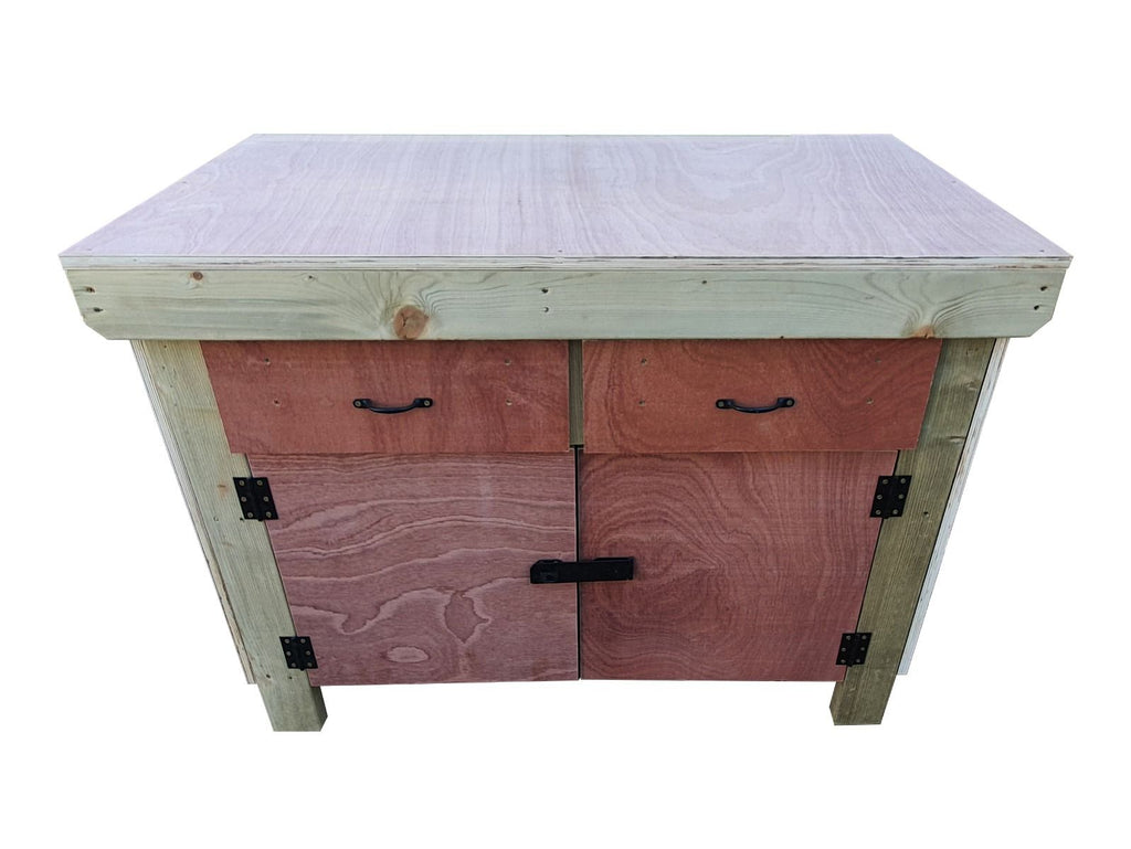 Wooden Eucalyptus hardwood top storage workbench with lockable cupboard and drawers (V.4) - SGP Garden Ltd