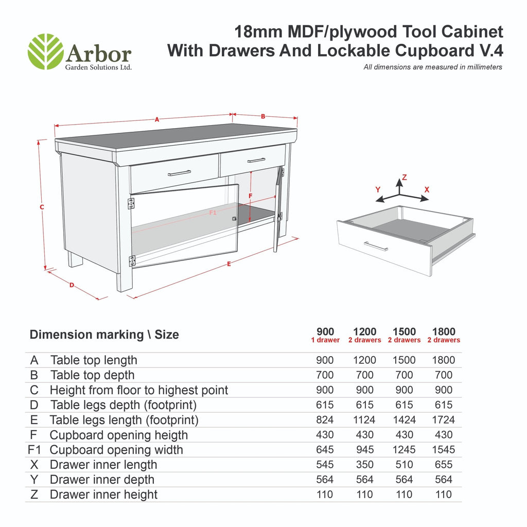 Wooden Eucalyptus hardwood top storage workbench with lockable cupboard and drawers (V.4) - SGP Garden Ltd