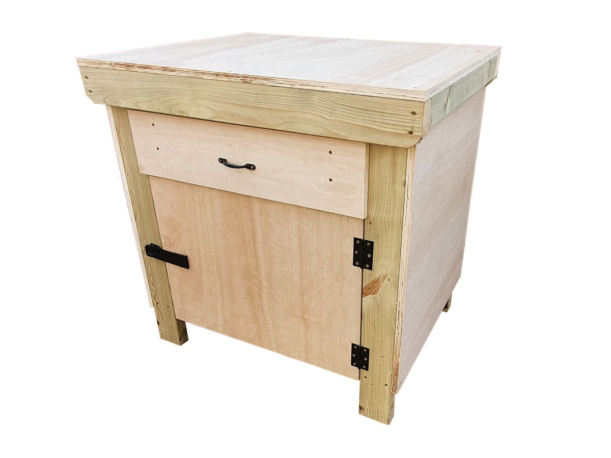 Wooden Eucalyptus hardwood top storage workbench with lockable cupboard and drawers (V.4) - SGP Garden Ltd