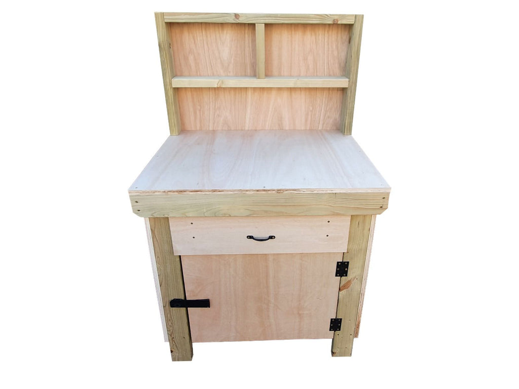 Wooden Eucalyptus hardwood top storage workbench with lockable cupboard and drawers (V.4) with back - SGP Garden Ltd