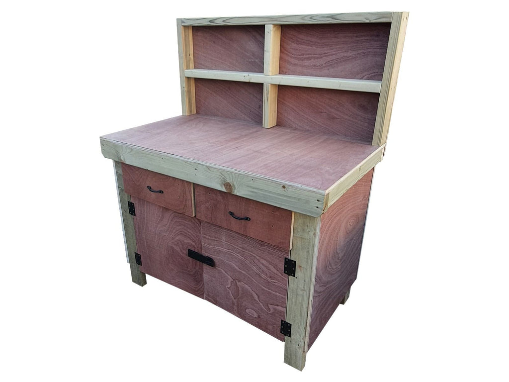 Wooden Eucalyptus hardwood top storage workbench with lockable cupboard and drawers (V.4) with back - SGP Garden Ltd