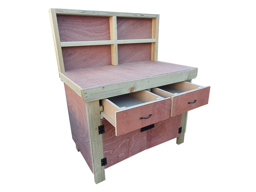 Wooden Eucalyptus hardwood top storage workbench with lockable cupboard and drawers (V.4) with back - SGP Garden Ltd