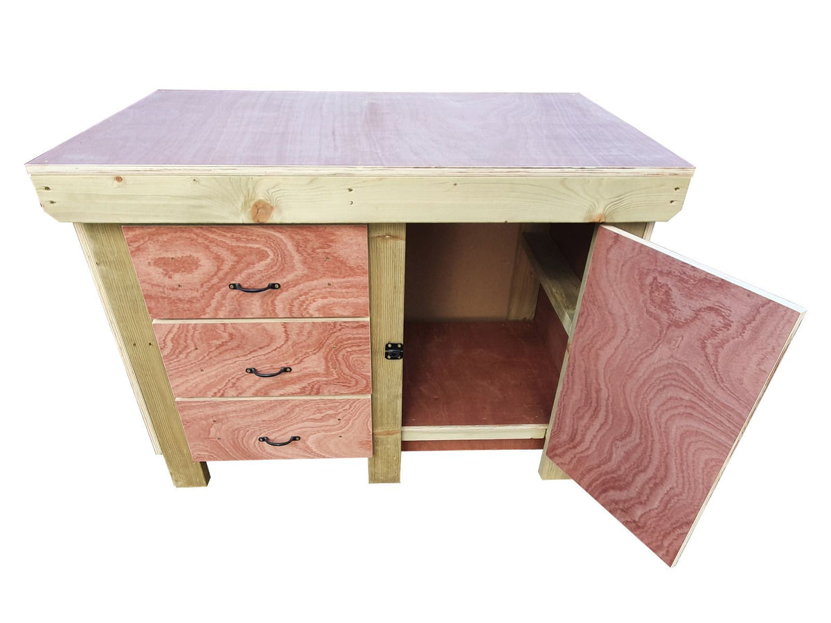 Wooden Eucalyptus hardwood top workbench, cabinet with lockable cupboard (V.3) - SGP Garden Ltd