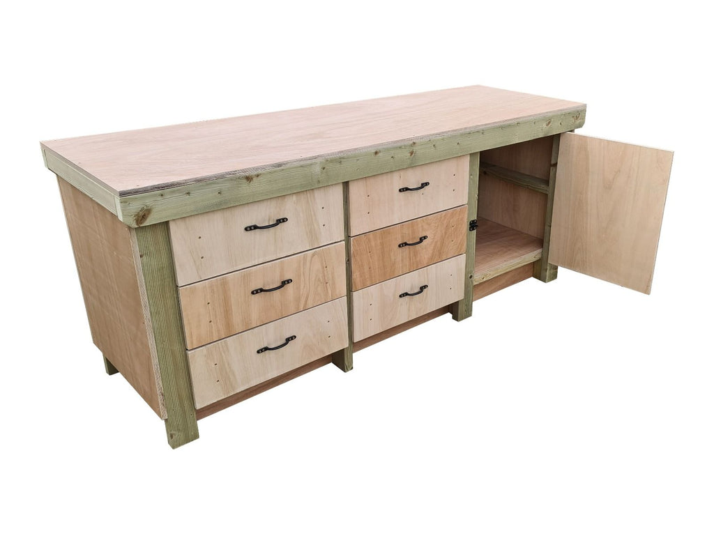 Wooden Eucalyptus hardwood top workbench, cabinet with lockable cupboard (V.3) - SGP Garden Ltd