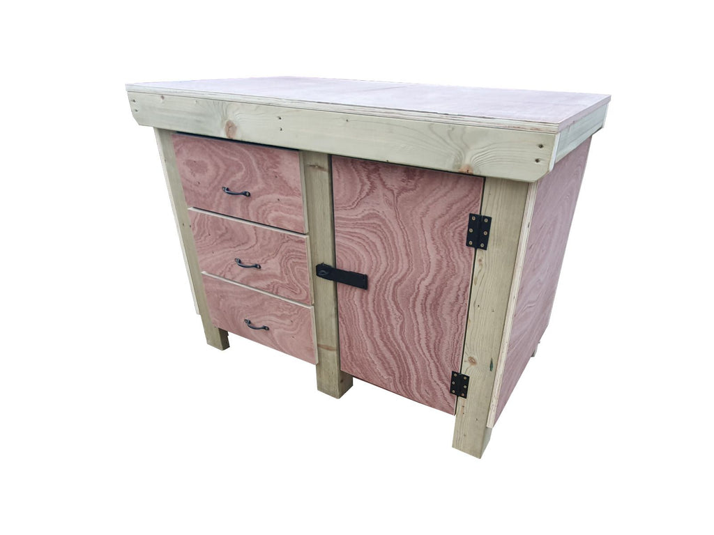 Wooden Eucalyptus hardwood top workbench, cabinet with lockable cupboard (V.3) - SGP Garden Ltd