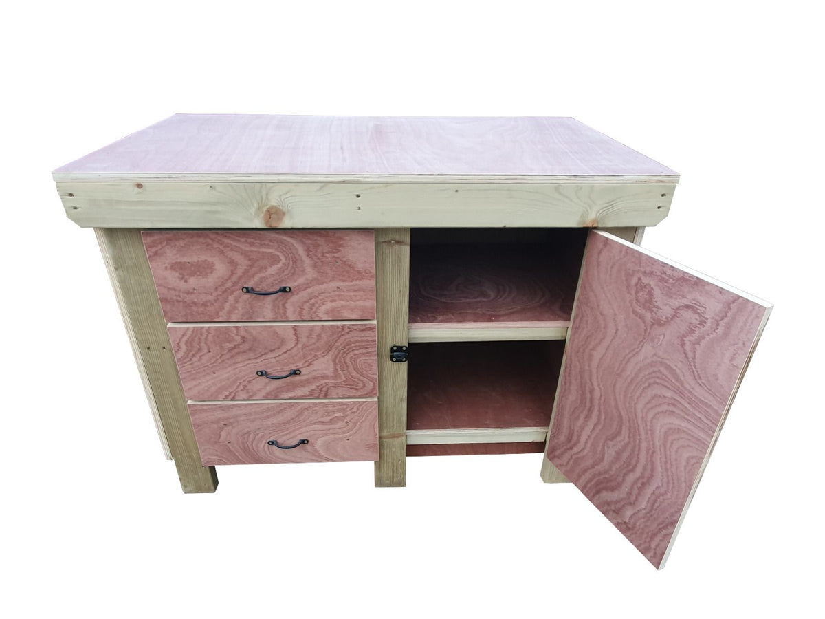 Wooden Eucalyptus hardwood top workbench, cabinet with lockable cupboard (V.3) double shelf - SGP Garden Ltd