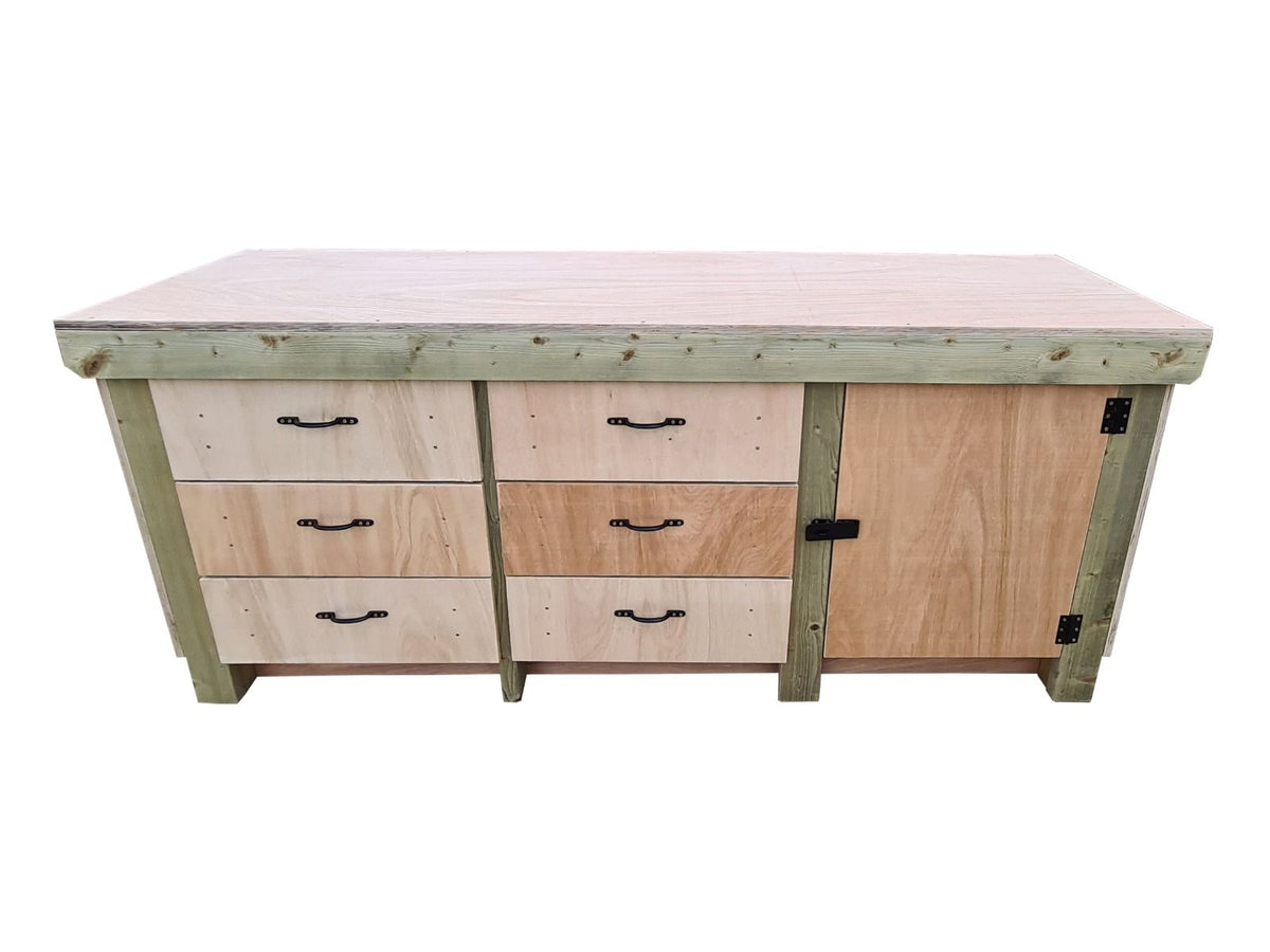 Wooden Eucalyptus hardwood top workbench, cabinet with lockable cupboard (V.3) double shelf - SGP Garden Ltd