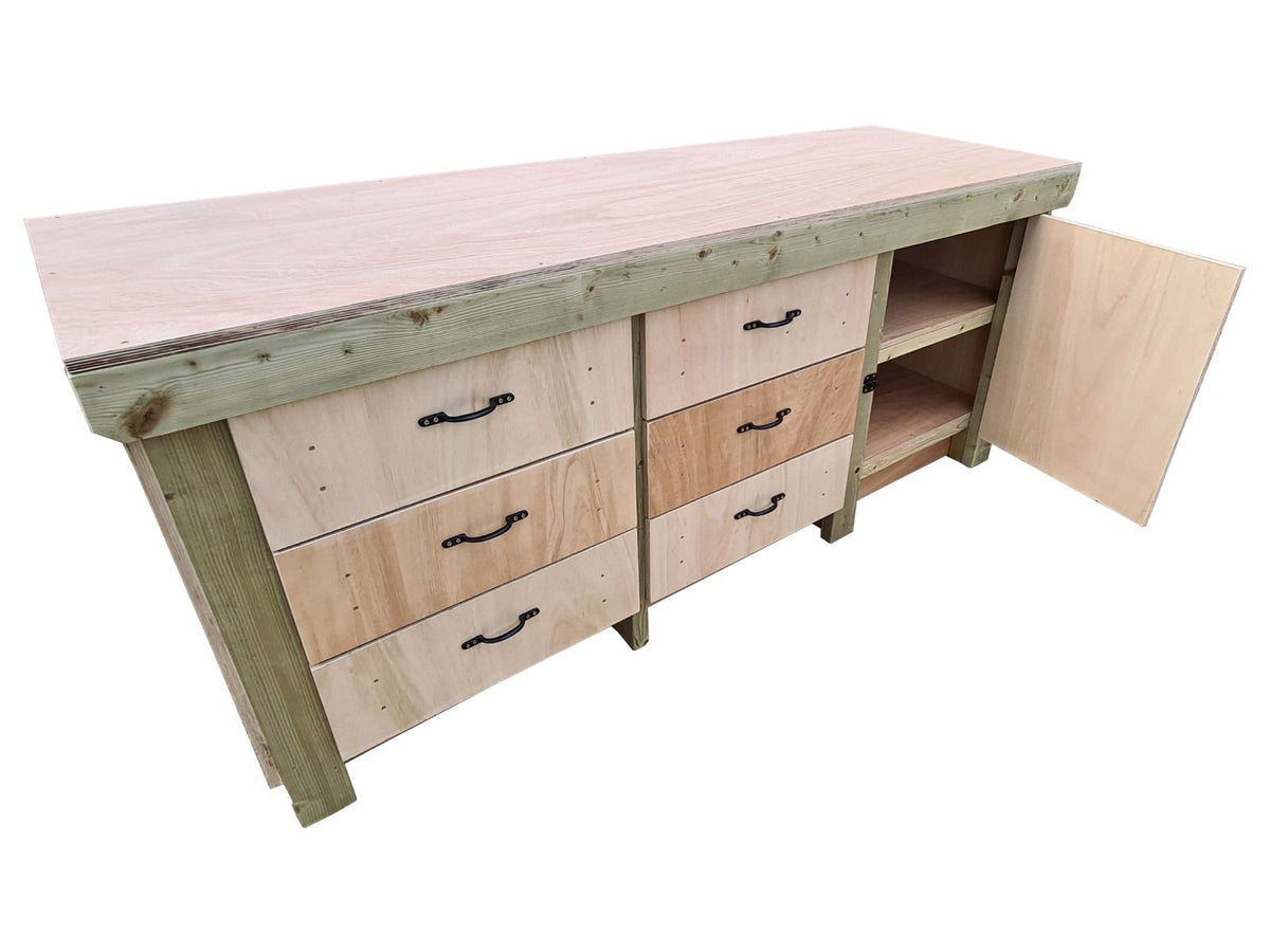 Wooden Eucalyptus hardwood top workbench, cabinet with lockable cupboard (V.3) double shelf - SGP Garden Ltd