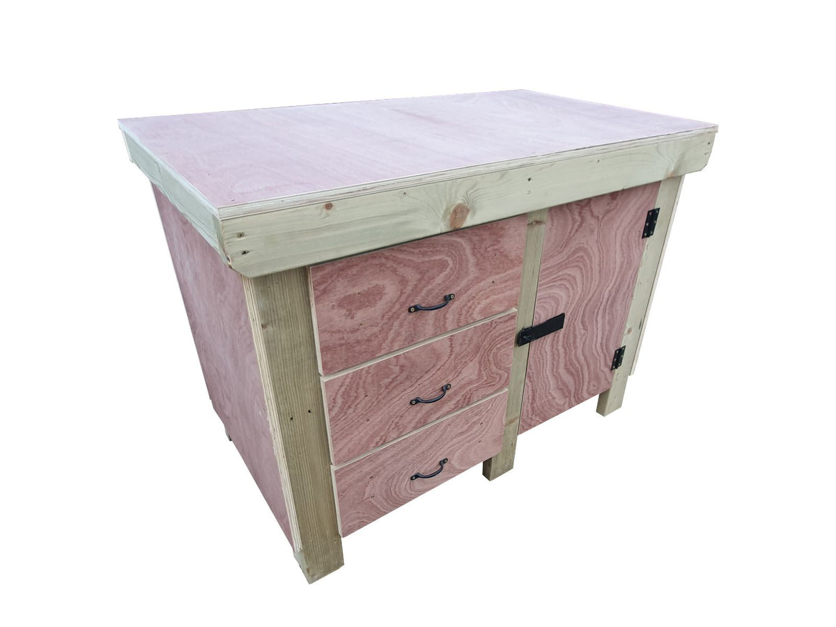 Wooden Eucalyptus hardwood top workbench, cabinet with lockable cupboard (V.3) double shelf - SGP Garden Ltd