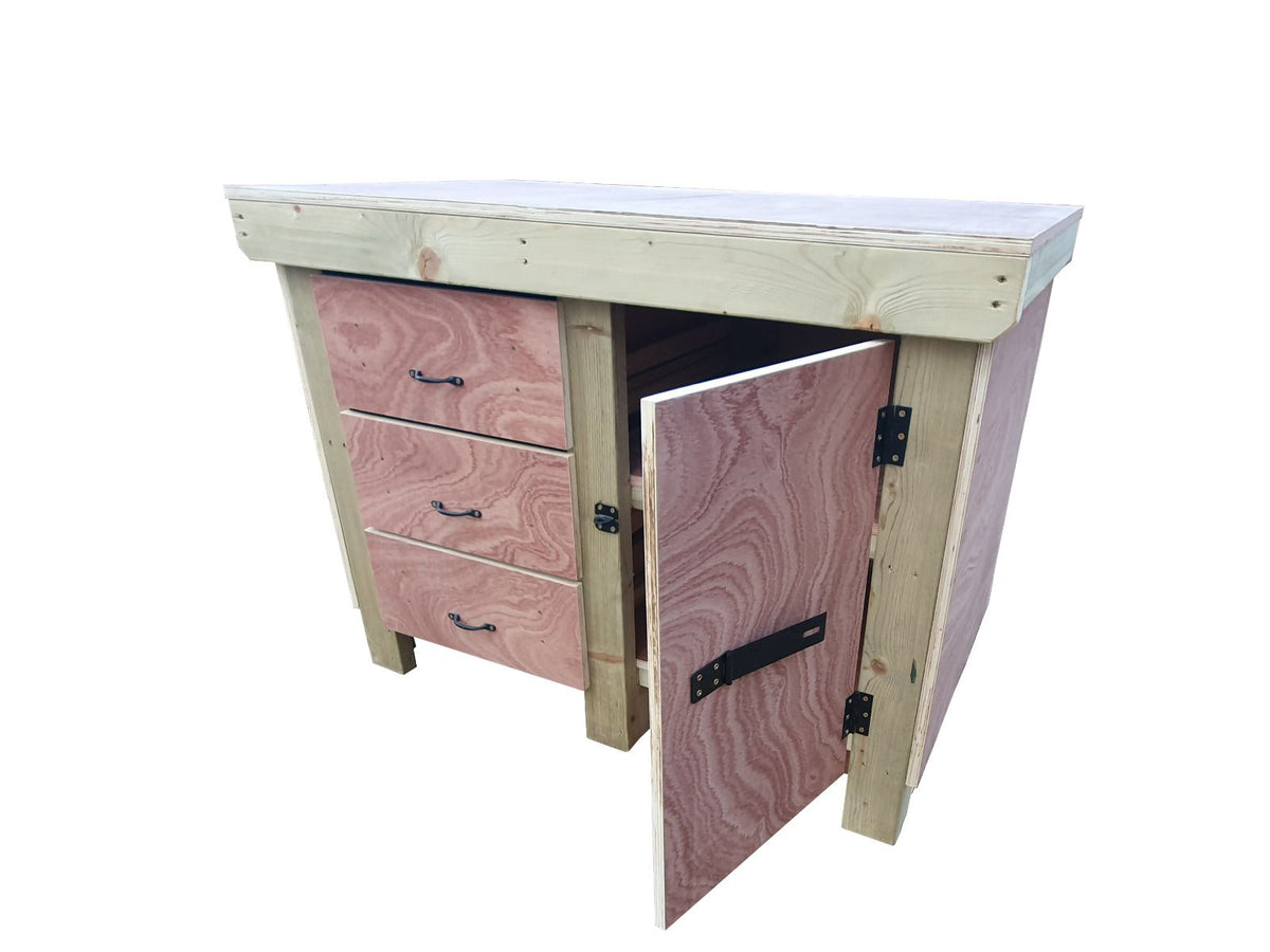 Wooden Eucalyptus hardwood top workbench, cabinet with lockable cupboard (V.3) double shelf - SGP Garden Ltd