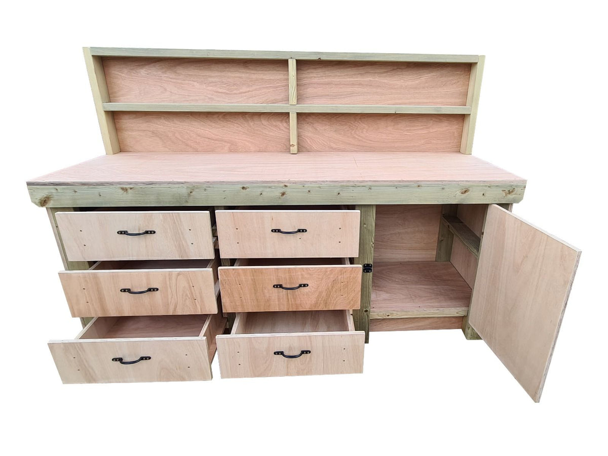 Wooden Eucalyptus hardwood top workbench, cabinet with lockable cupboard (V.3) with back - SGP Garden Ltd
