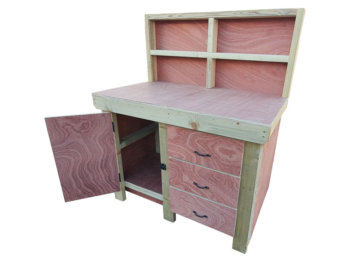 Wooden Eucalyptus hardwood top workbench, cabinet with lockable cupboard (V.3) with back - SGP Garden Ltd