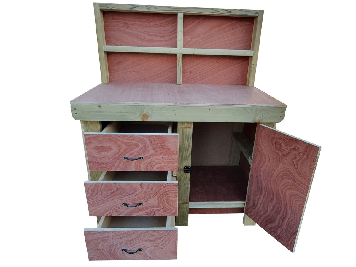 Wooden Eucalyptus hardwood top workbench, cabinet with lockable cupboard (V.3) with back - SGP Garden Ltd