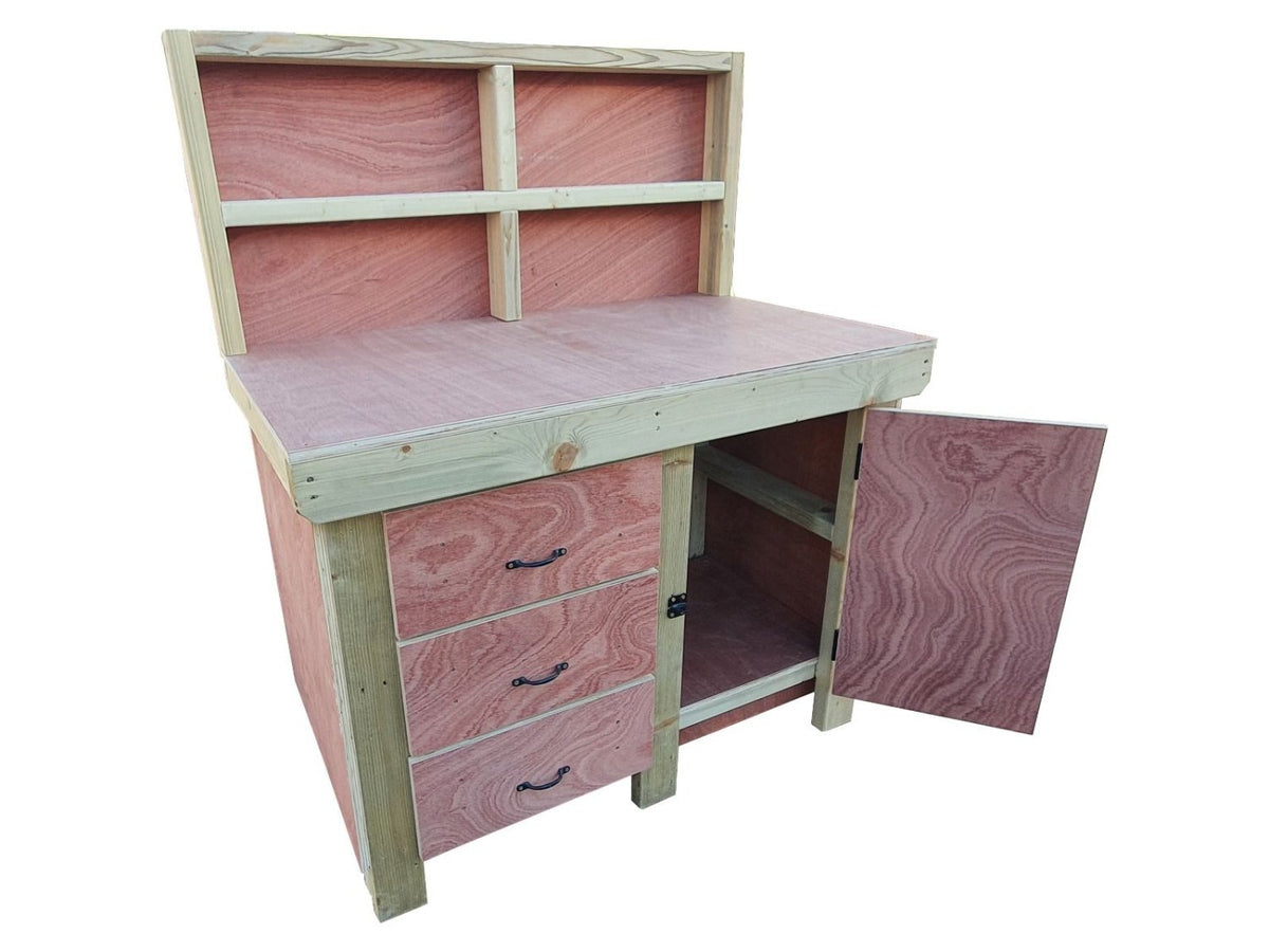 Wooden Eucalyptus hardwood top workbench, cabinet with lockable cupboard (V.3) with back - SGP Garden Ltd