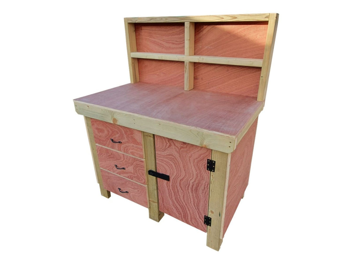 Wooden Eucalyptus hardwood top workbench, cabinet with lockable cupboard (V.3) with back - SGP Garden Ltd