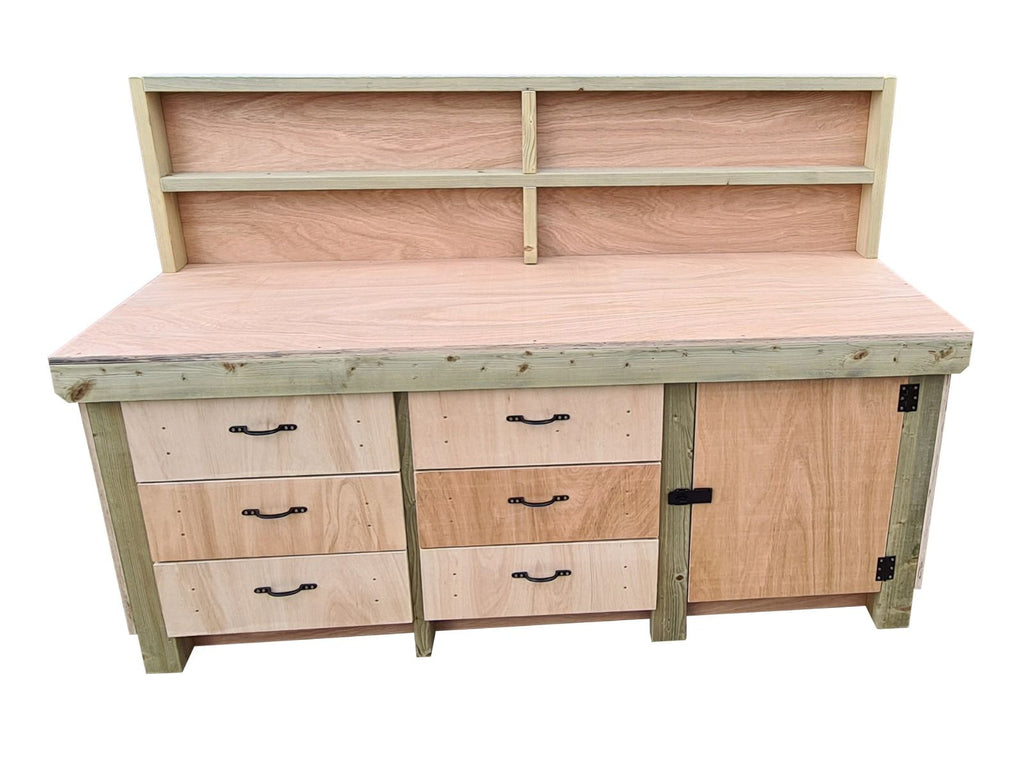 Wooden Eucalyptus hardwood top workbench, cabinet with lockable cupboard (V.3) with back - SGP Garden Ltd