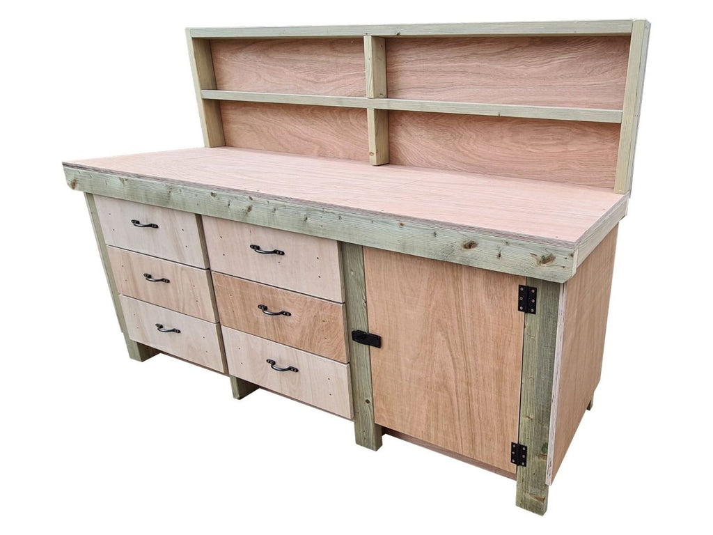 Wooden Eucalyptus hardwood top workbench, cabinet with lockable cupboard (V.3) with back - SGP Garden Ltd