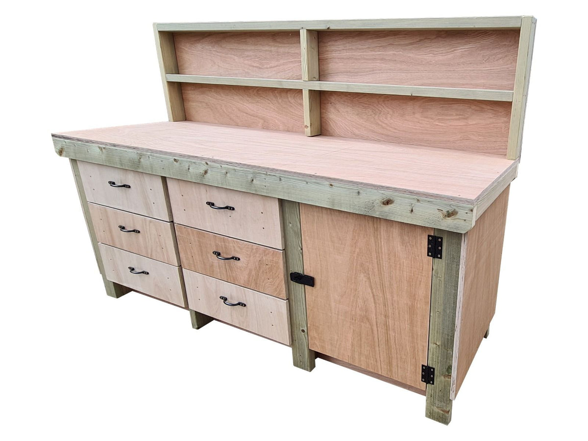 Wooden Eucalyptus hardwood top workbench, cabinet with lockable cupboard (V.3) with back - SGP Garden Ltd
