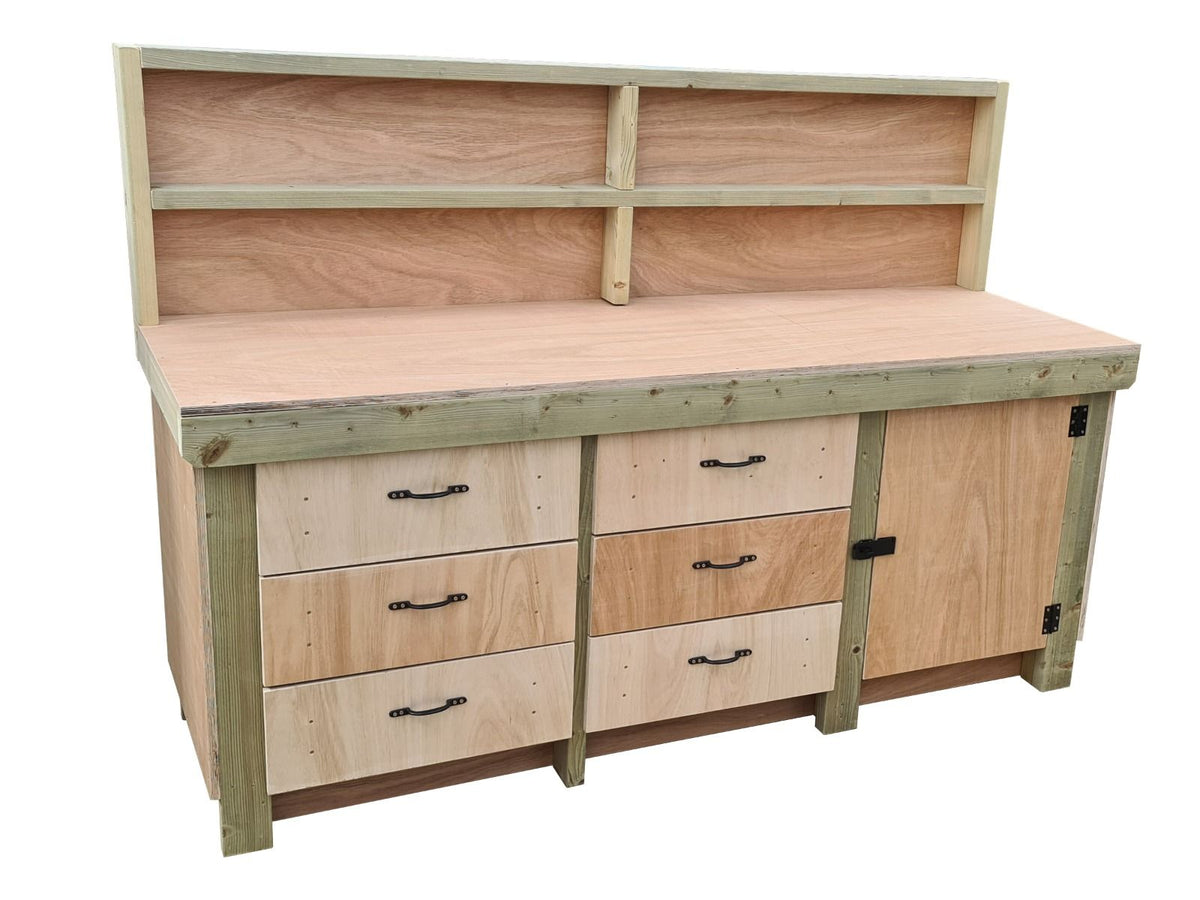 Wooden Eucalyptus hardwood top workbench, cabinet with lockable cupboard (V.3) with back - SGP Garden Ltd