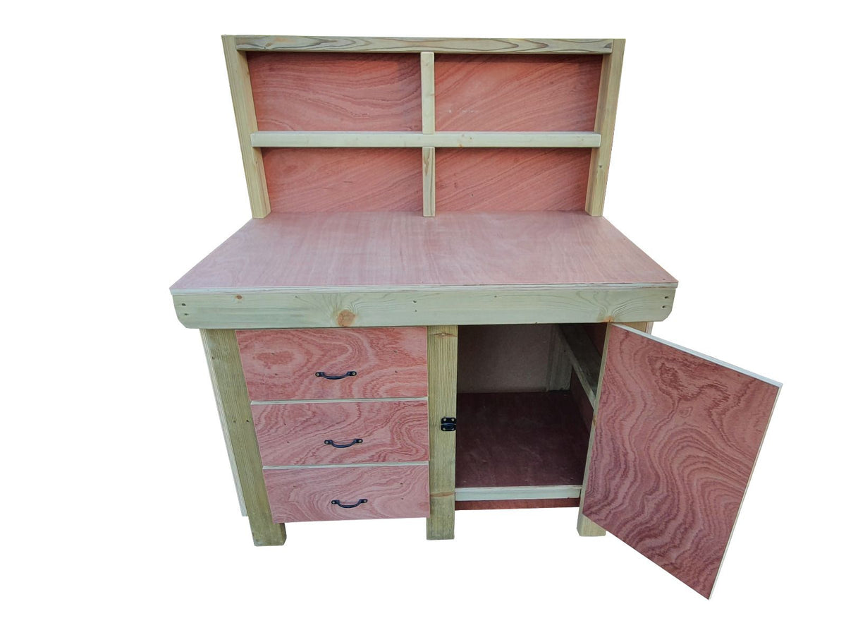 Wooden Eucalyptus hardwood top workbench, cabinet with lockable cupboard (V.3) with back - SGP Garden Ltd