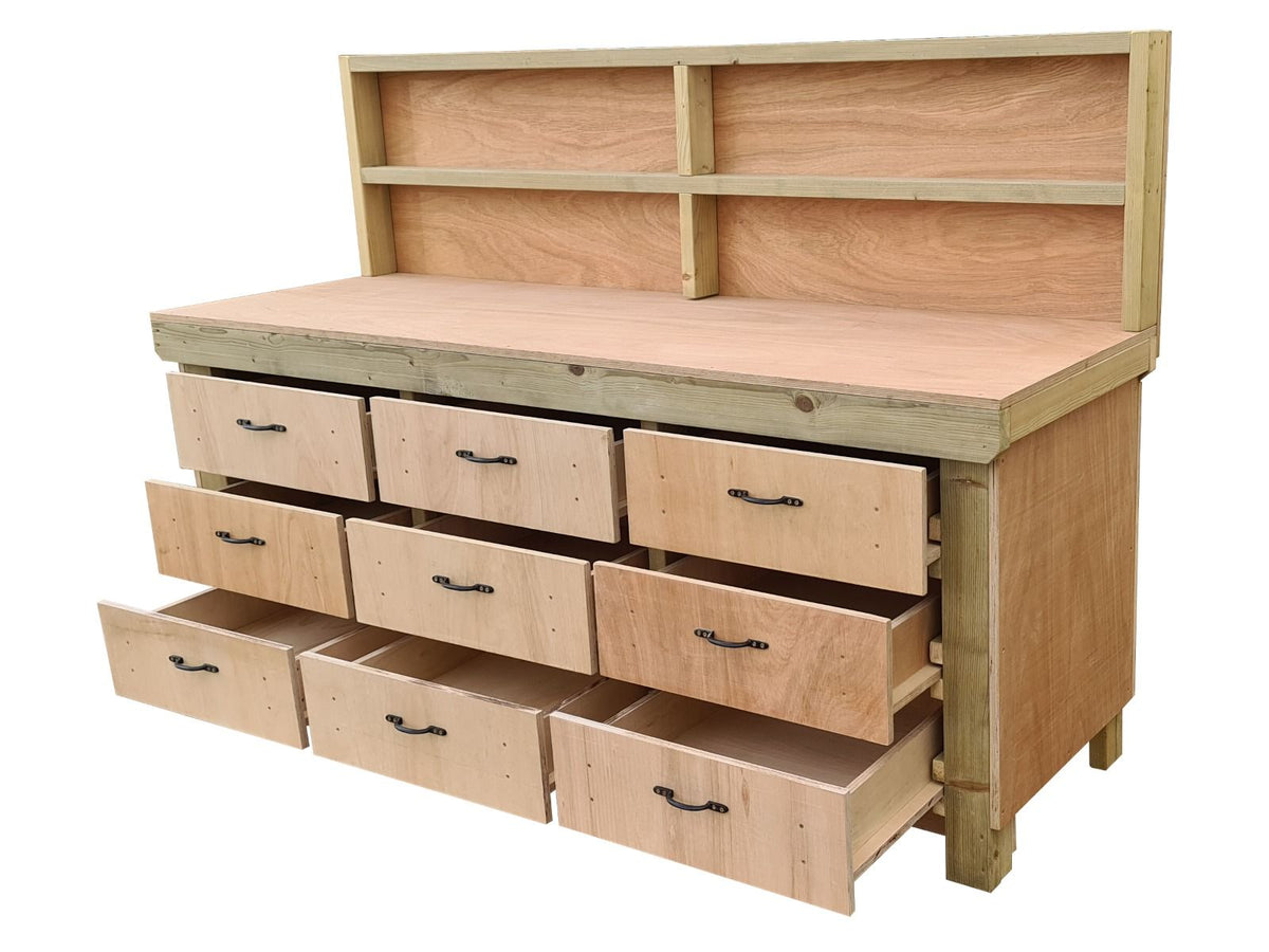 Wooden Eucalyptus Hardwood Top Workbench, Tool Cabinet With Drawers (V.2) With Back Panel - SGP Garden Ltd