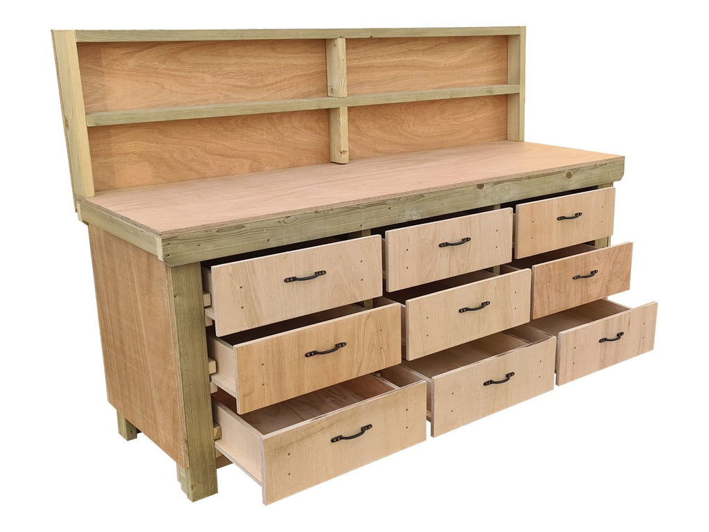 Wooden Eucalyptus Hardwood Top Workbench, Tool Cabinet With Drawers (V.2) With Back Panel - SGP Garden Ltd