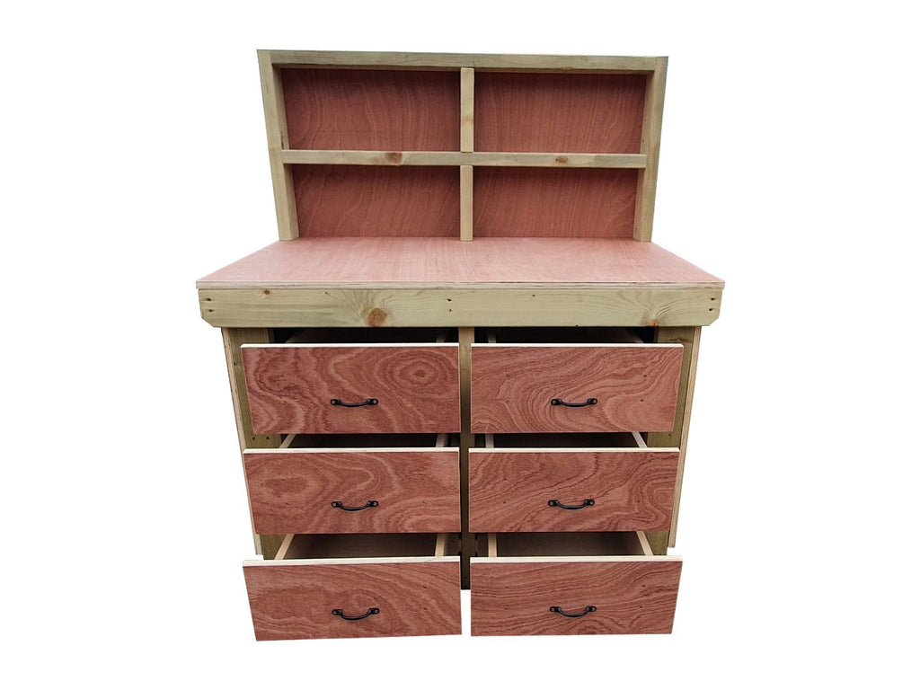 Wooden Eucalyptus Hardwood Top Workbench, Tool Cabinet With Drawers (V.2) With Back Panel - SGP Garden Ltd