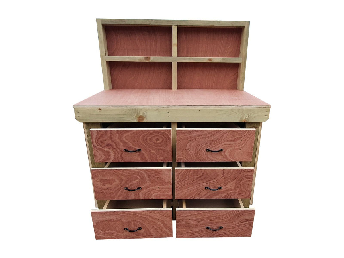 Wooden Eucalyptus Hardwood Top Workbench, Tool Cabinet With Drawers (V.2) With Back Panel - SGP Garden Ltd