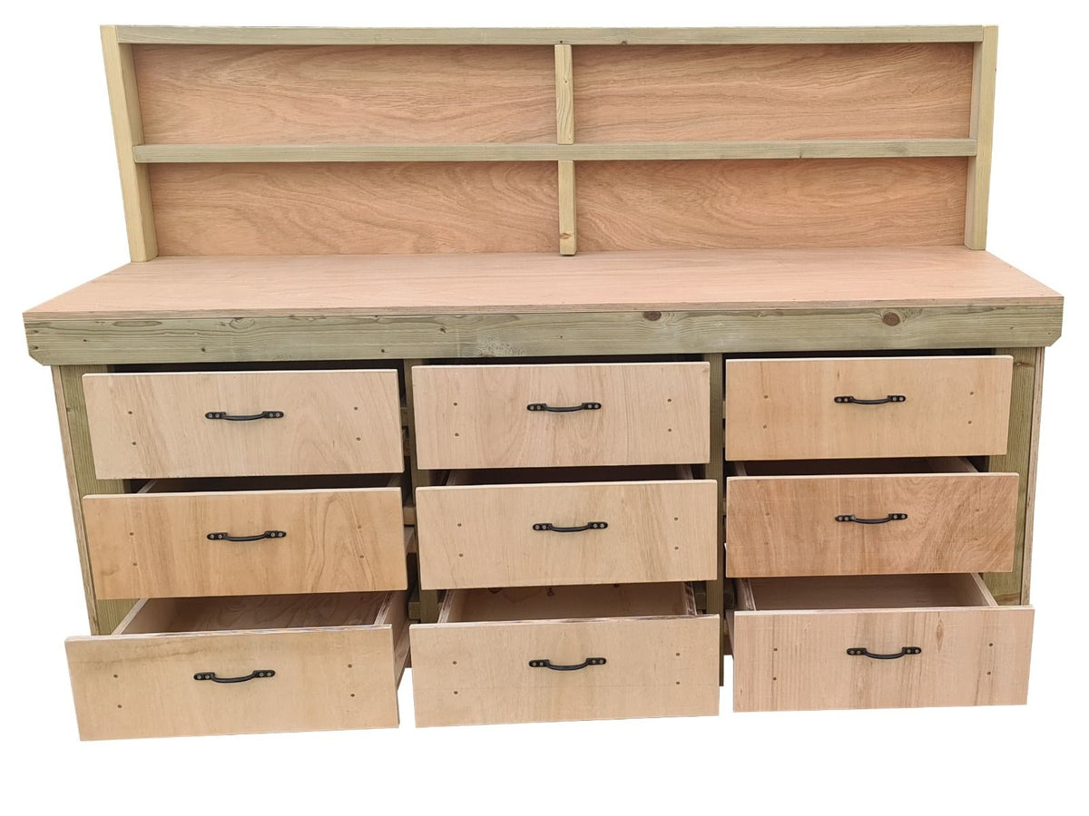 Wooden Eucalyptus Hardwood Top Workbench, Tool Cabinet With Drawers (V.2) With Back Panel - SGP Garden Ltd