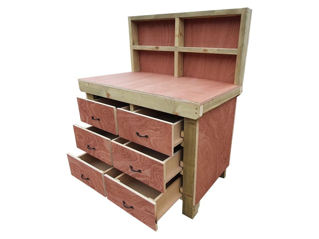 Wooden Eucalyptus Hardwood Top Workbench, Tool Cabinet With Drawers (V.2) With Back Panel - SGP Garden Ltd