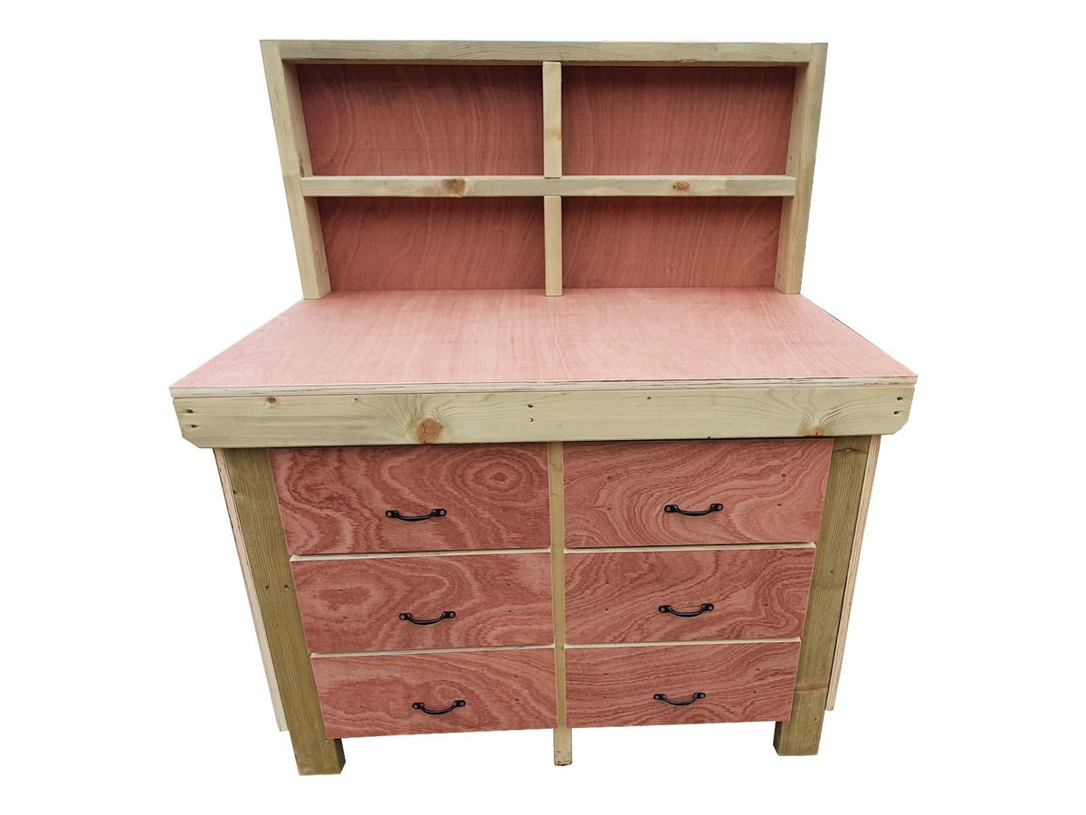Wooden Eucalyptus Hardwood Top Workbench, Tool Cabinet With Drawers (V.2) With Back Panel - SGP Garden Ltd