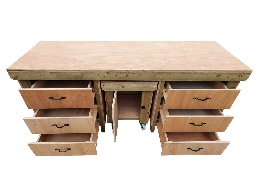 Wooden Eucalyptus hardwood top workbench with drawers and functional lockable cupboard (V.5) - SGP Garden Ltd