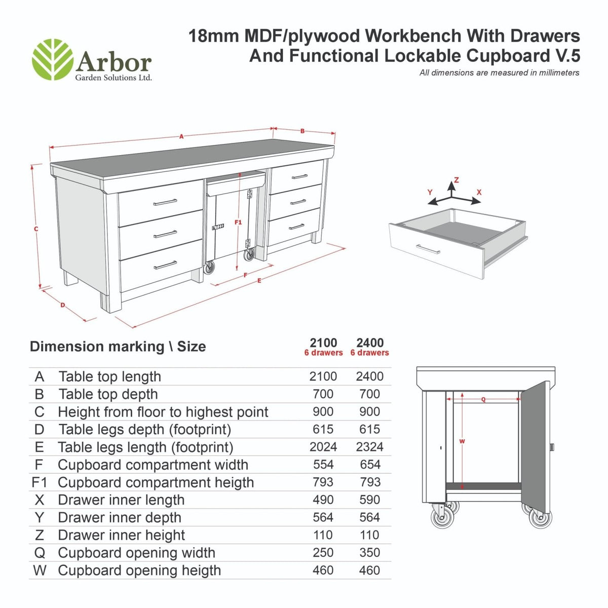 Wooden Eucalyptus hardwood top workbench with drawers and functional lockable cupboard (V.5) - SGP Garden Ltd