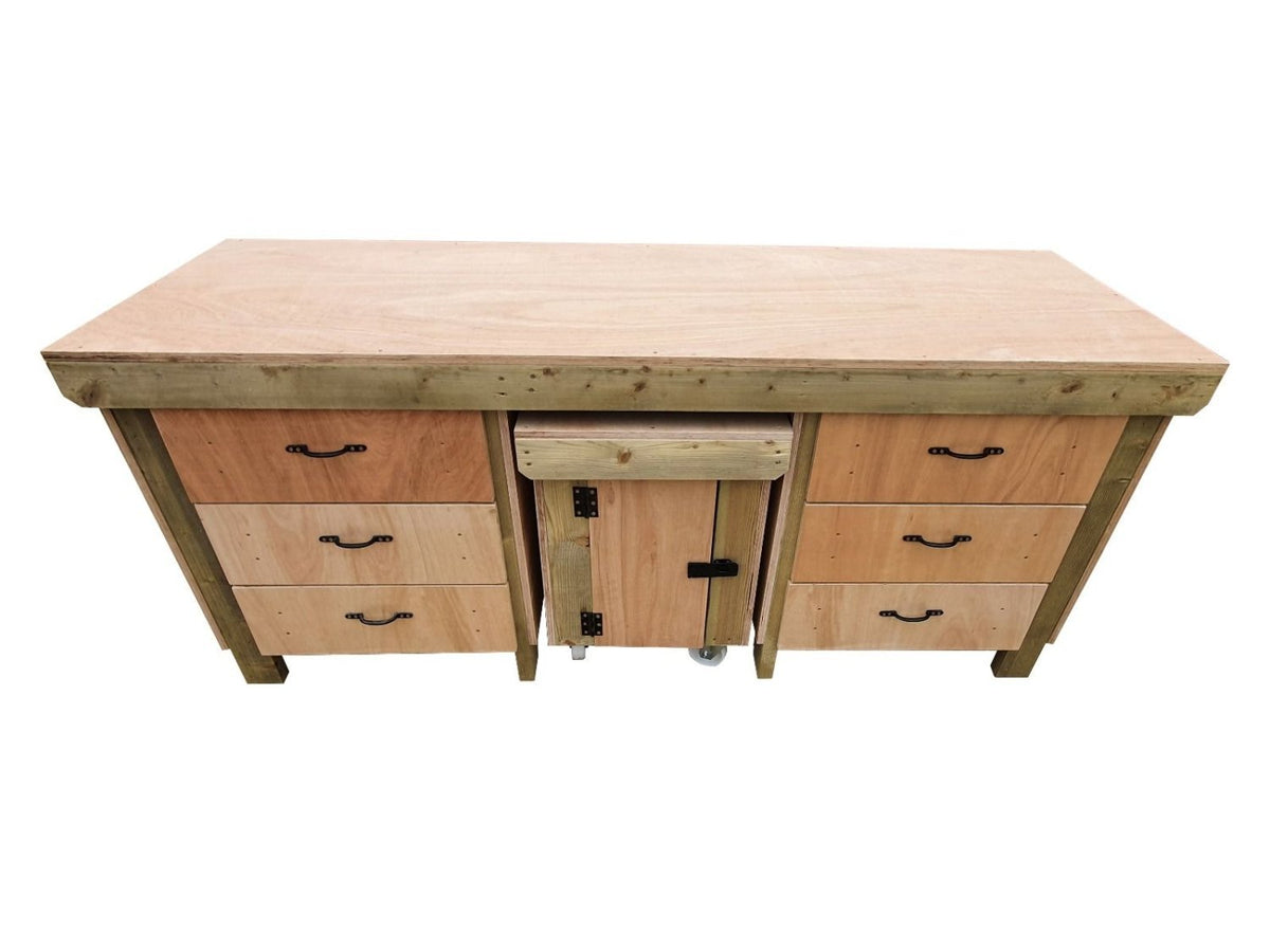 Wooden Eucalyptus hardwood top workbench with drawers and functional lockable cupboard (V.5) - SGP Garden Ltd