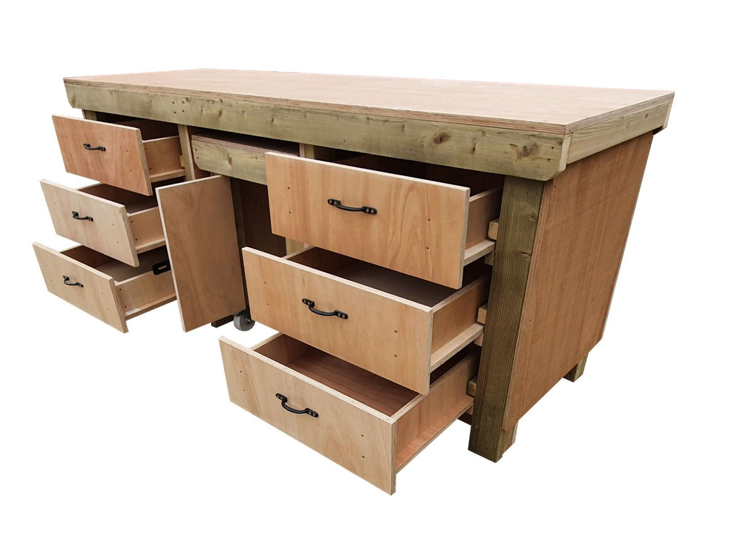 Wooden Eucalyptus hardwood top workbench with drawers and functional lockable cupboard (V.5) - SGP Garden Ltd