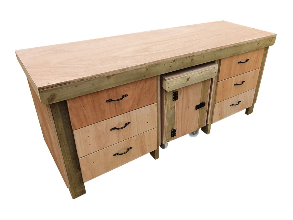 Wooden Eucalyptus hardwood top workbench with drawers and functional lockable cupboard (V.5) - SGP Garden Ltd