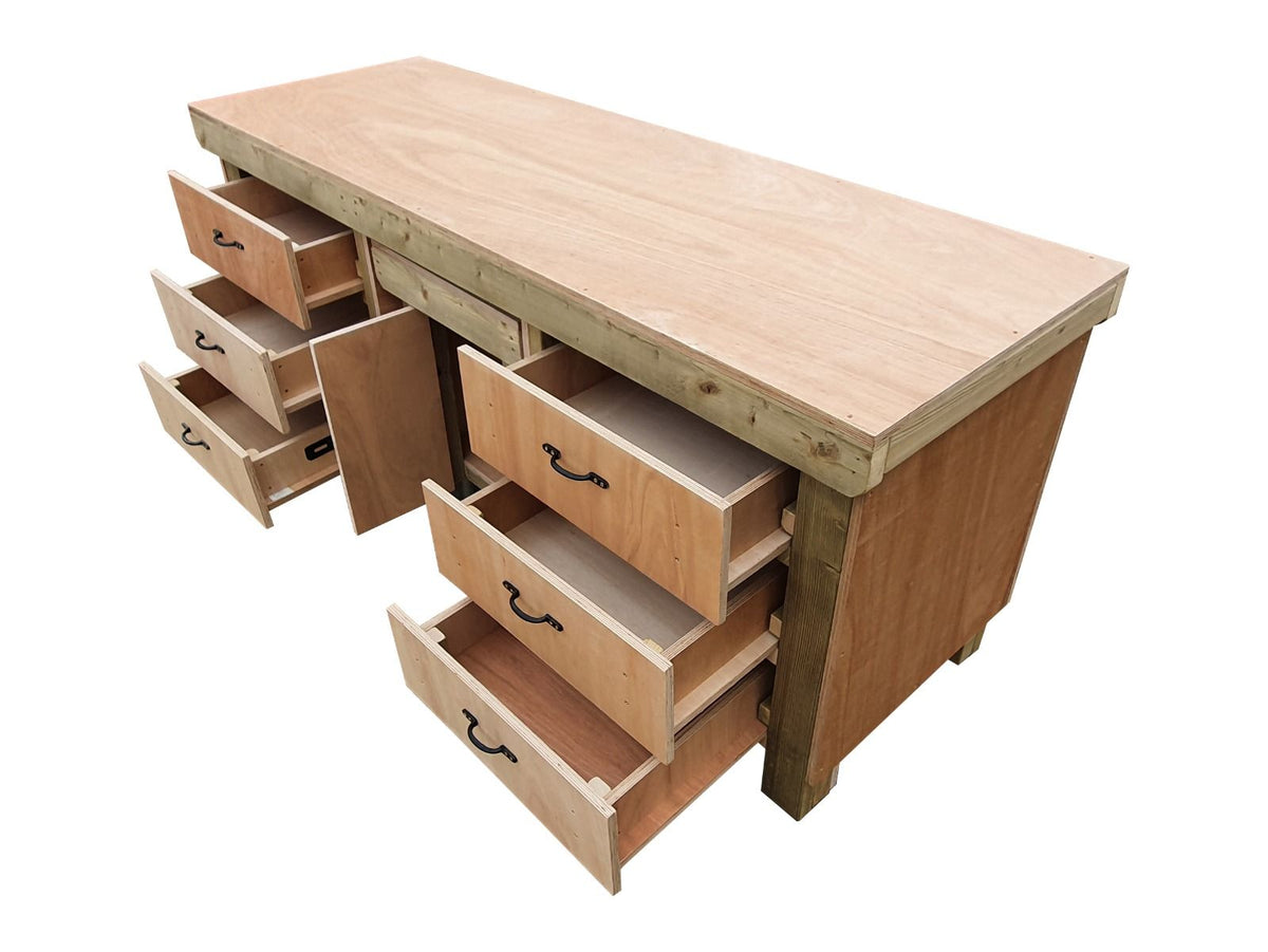 Wooden Eucalyptus hardwood top workbench with drawers and functional lockable cupboard (V.5) - SGP Garden Ltd