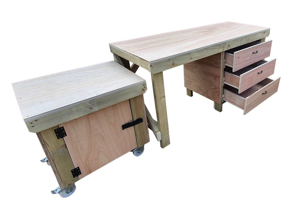 Wooden Eucalyptus hardwood top workbench with drawers and functional lockable cupboard (V.6) - SGP Garden Ltd