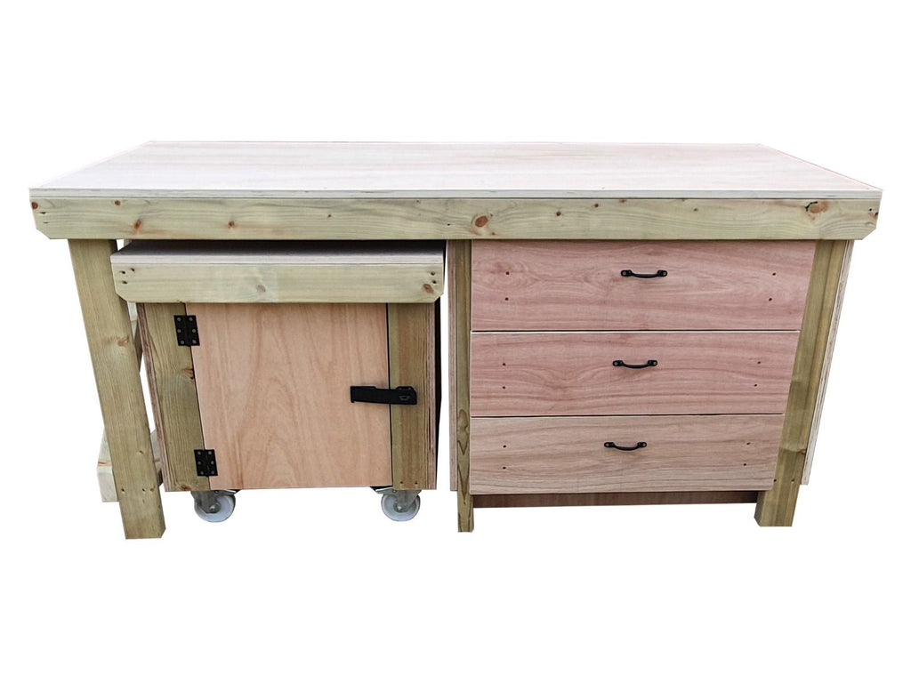 Wooden Eucalyptus hardwood top workbench with drawers and functional lockable cupboard (V.6) - SGP Garden Ltd