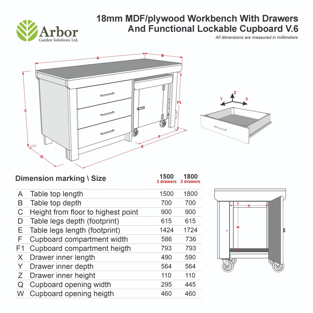 Wooden Eucalyptus hardwood top workbench with drawers and functional lockable cupboard (V.6) - SGP Garden Ltd