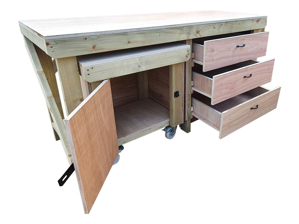 Wooden Eucalyptus hardwood top workbench with drawers and functional lockable cupboard (V.6) - SGP Garden Ltd