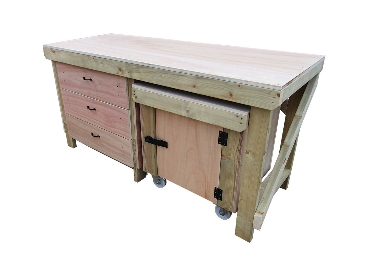 Wooden Eucalyptus hardwood top workbench with drawers and functional lockable cupboard (V.6) - SGP Garden Ltd