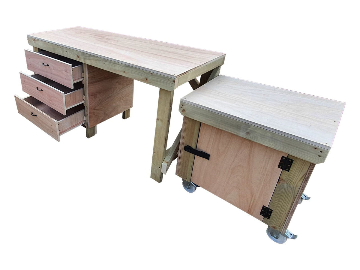 Wooden Eucalyptus hardwood top workbench with drawers and functional lockable cupboard (V.6) - SGP Garden Ltd
