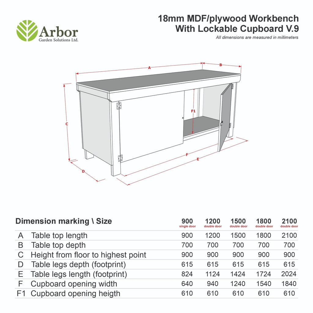 Wooden Eucalyptus hardwood top workbench with lockable cupboard (V.9) - SGP Garden Ltd