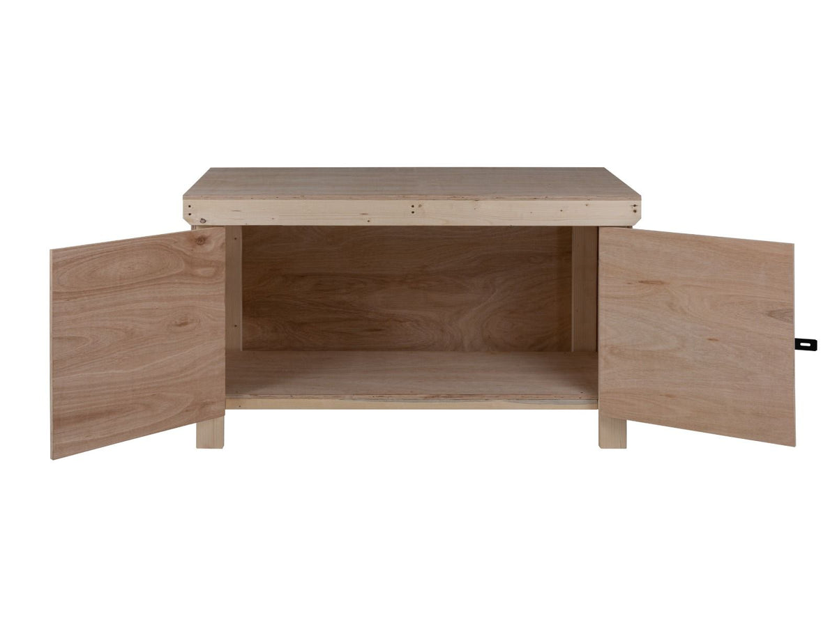 Wooden Eucalyptus hardwood top workbench with lockable cupboard (V.9) - SGP Garden Ltd