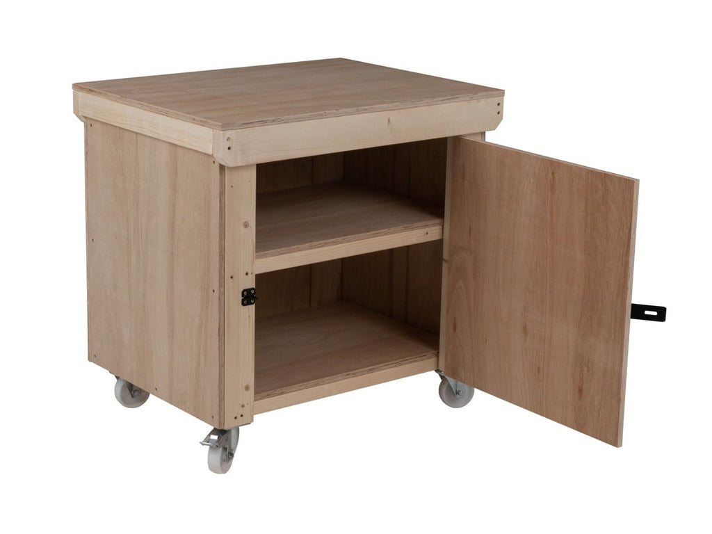 Wooden Eucalyptus hardwood top workbench with lockable cupboard (V.9) double shelf and wheels - SGP Garden Ltd