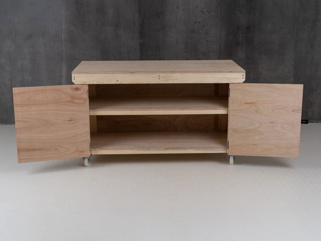 Wooden Eucalyptus hardwood top workbench with lockable cupboard (V.9) double shelf and wheels - SGP Garden Ltd