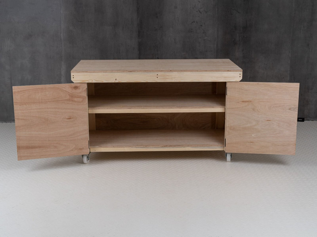 Wooden Eucalyptus hardwood top workbench with lockable cupboard (V.9) double shelf and wheels - SGP Garden Ltd